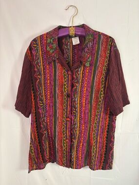 VTG Boho‎ African Print Colorful Lightweight Short Sleeve Oversize Button Down